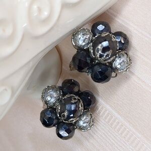 Vintage 60s Cluster Beaded Cocktail Earrings Black & Silver Filagree Mid Century